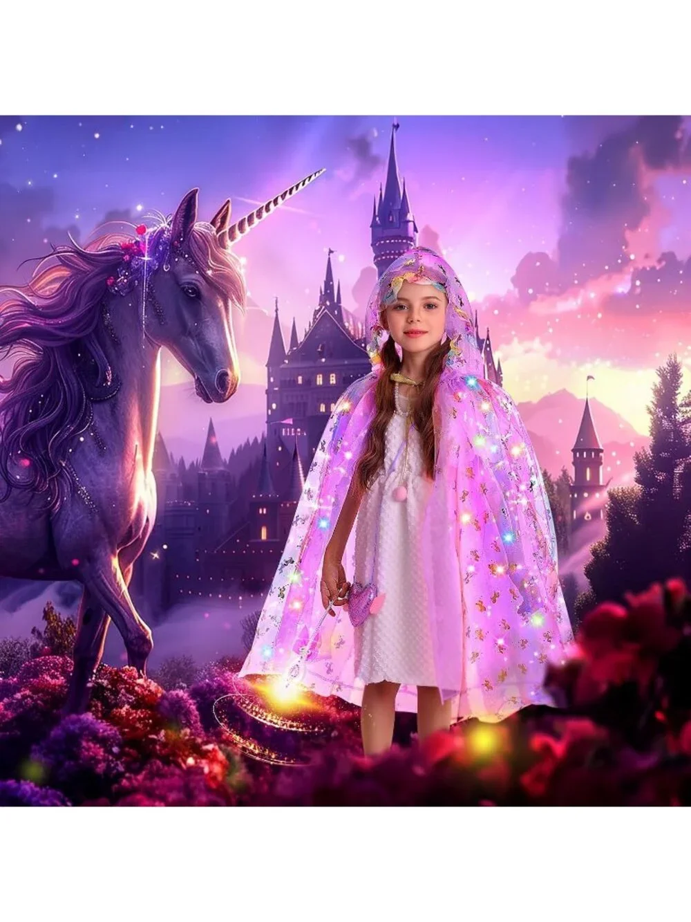 Purple Unicorn Princess Dress Up Set Light Up Cape Costume Girls Ages 3-8